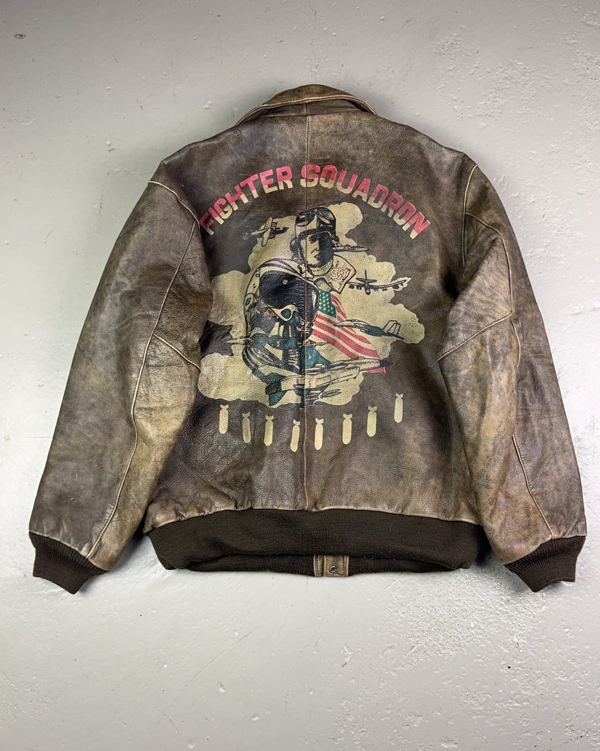 1980's Fighter Squadron Graphic Leather Bomber Jacket *extremely rare (L) - Lennys Vintage
