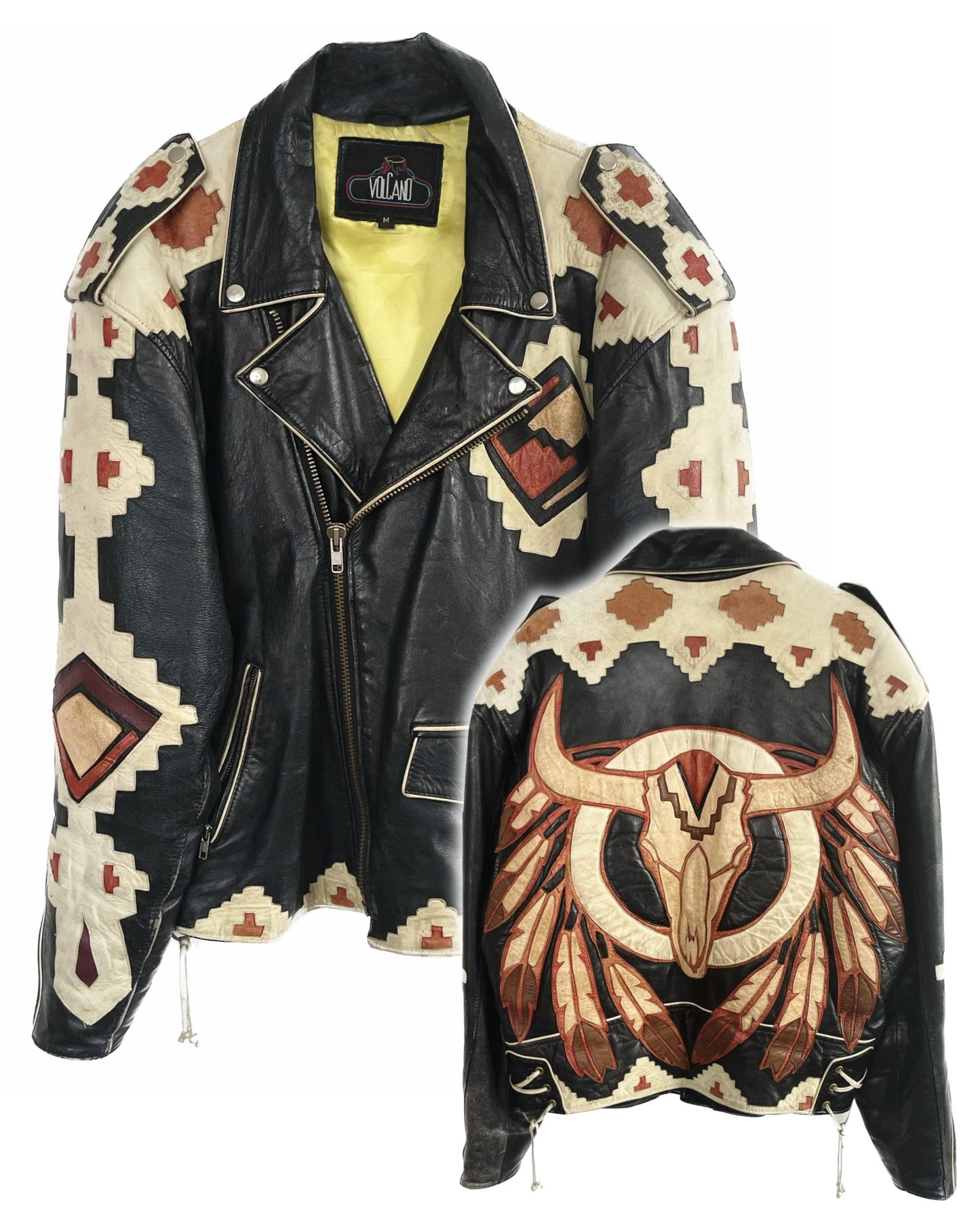 1980’s VOLCANO Native American Handmade Biker Leather Jacket *extremely rare (L) - Lennys Vintage