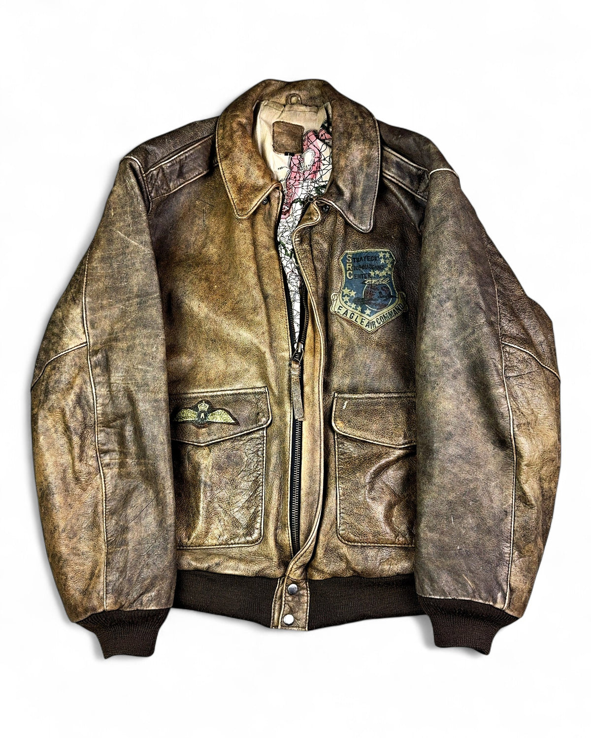 1980's Fighter Squadron Graphic Leather Bomber Jacket *extremely rare (L)