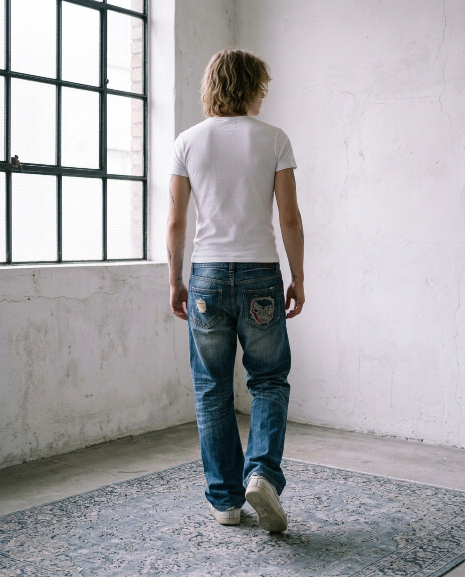 2000's Energie Baggy/Bootcut Jeans worn by a model, back view