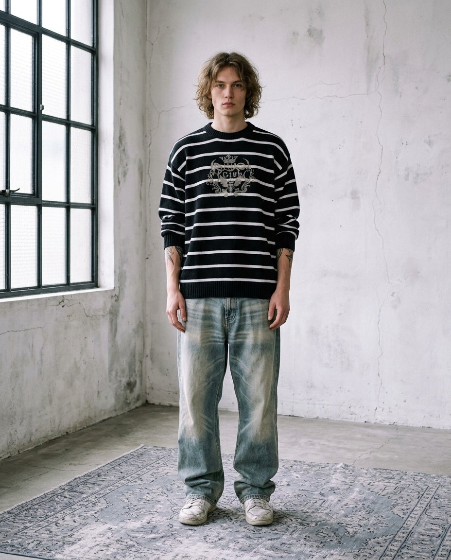 Model wearing Striped Knit Sweater L