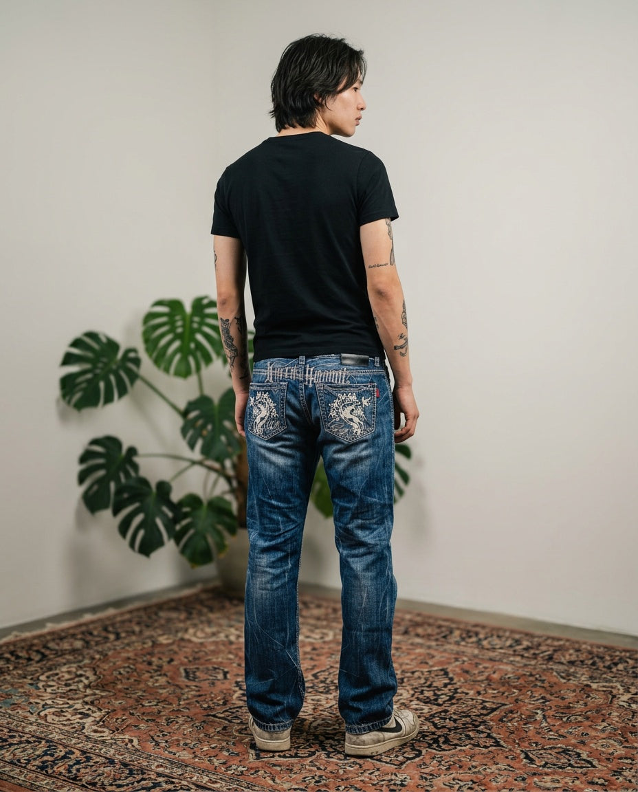 2000er Green Banana Japanese Slim/Straight Jeans (M) - on model
