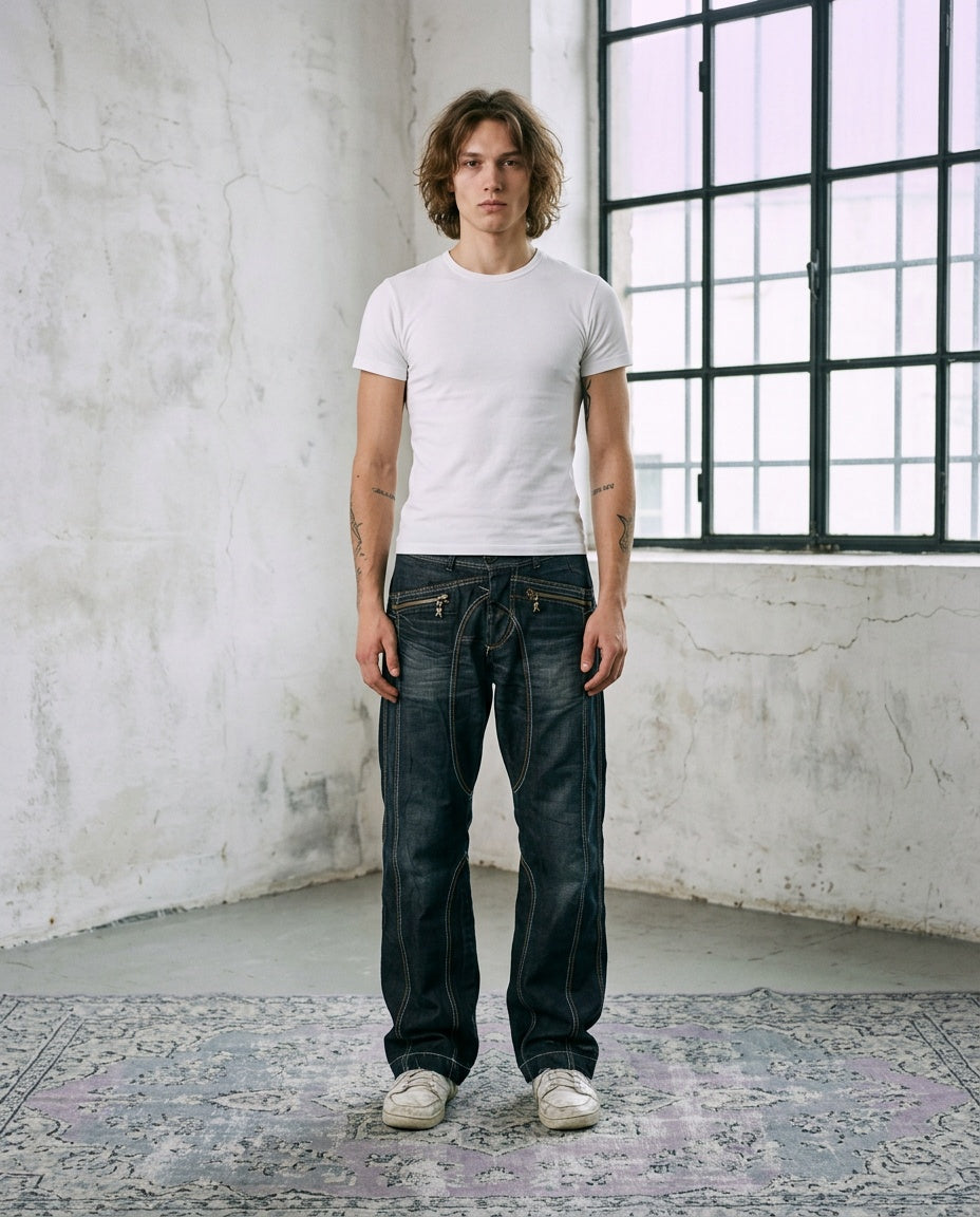 2000's Takeshy Kurosawa Japanese Archive Baggy Jeans worn by a model