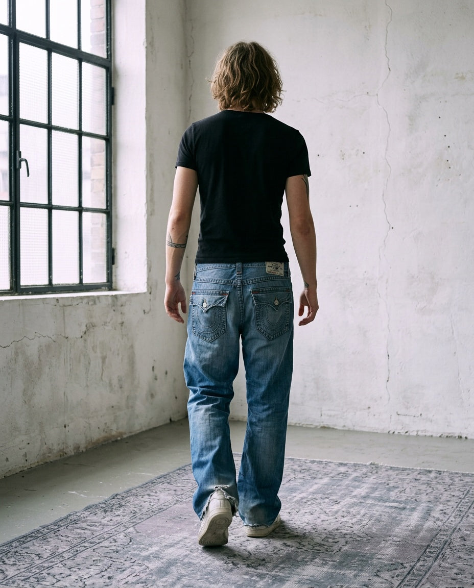 Model wearing True Religion Baggy XXL