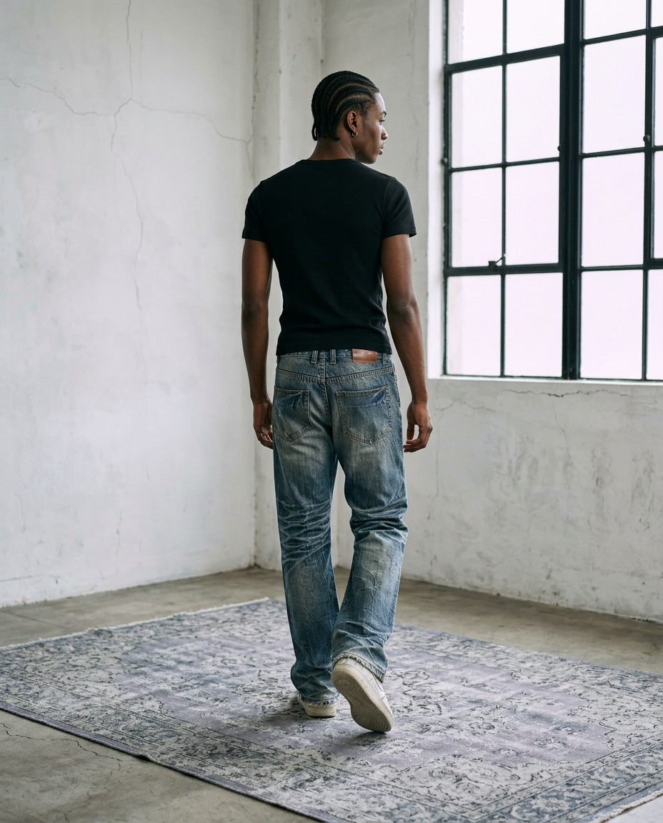 2000's Select Japanese Archive Straight/Bootcut Jeans worn by a model, back view