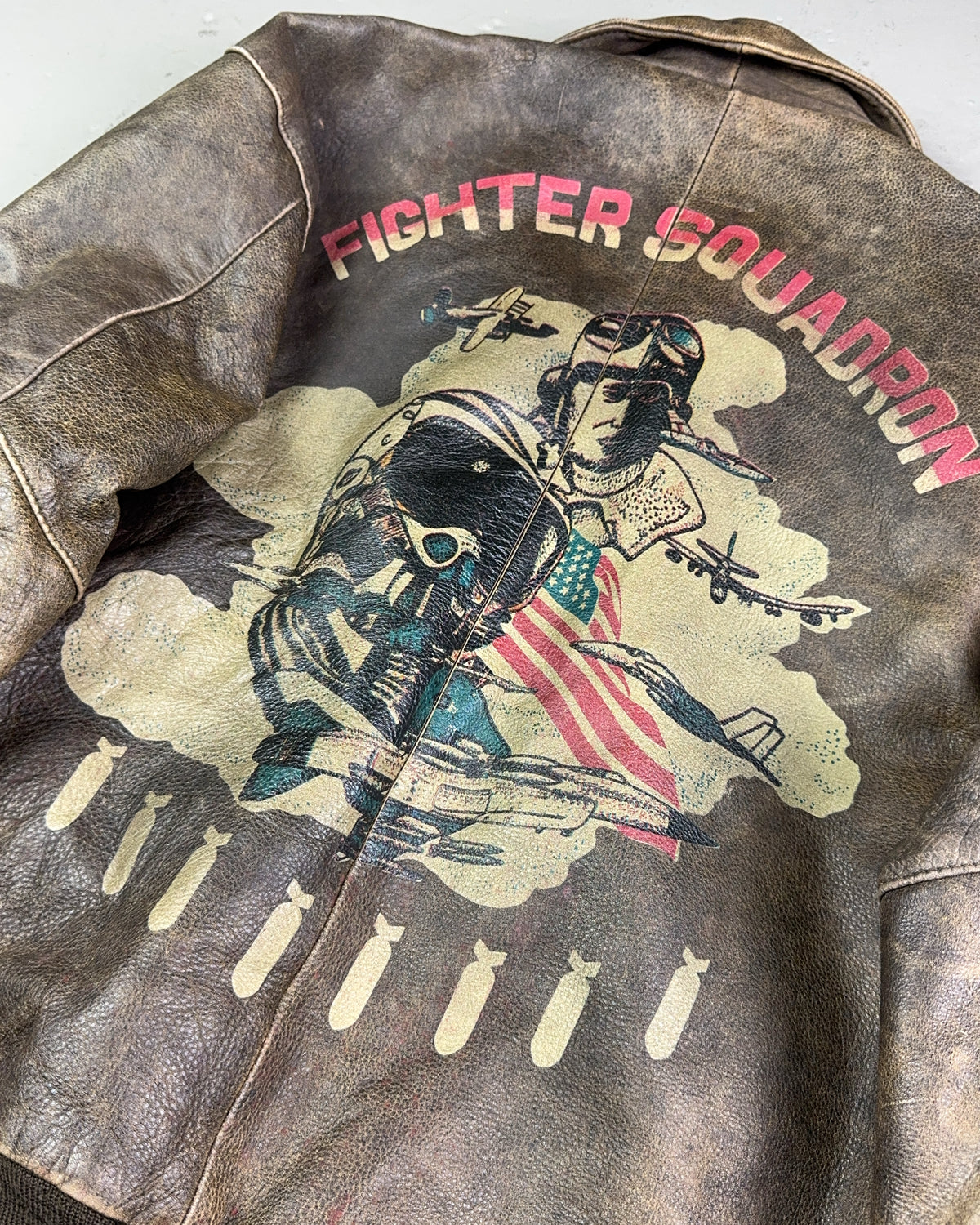 1980's Fighter Squadron Graphic Leather Bomber Jacket *extremely rare (L)