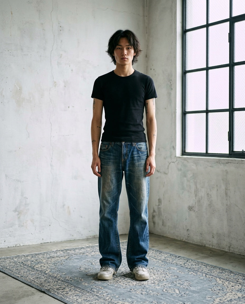 2000's Blue Way Japanese Straight/Bootcut Jeans worn by a model