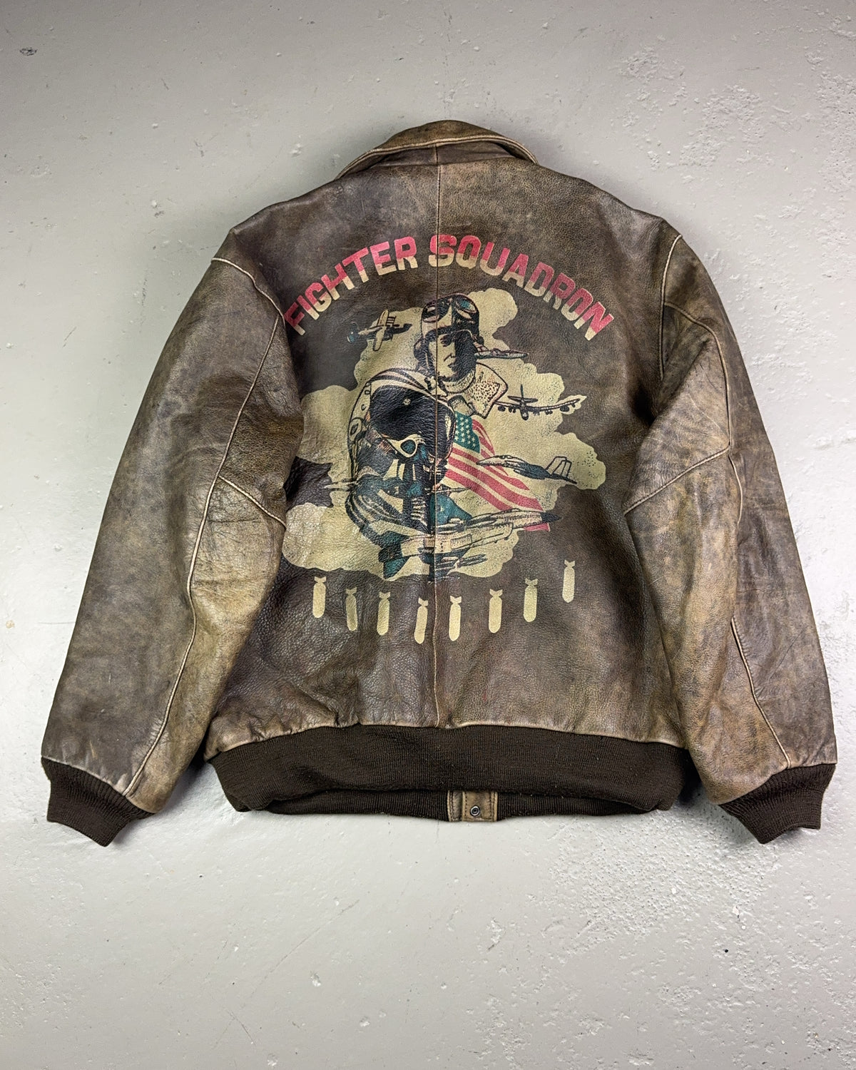 1980's Fighter Squadron Graphic Leather Bomber Jacket *extremely rare (L)