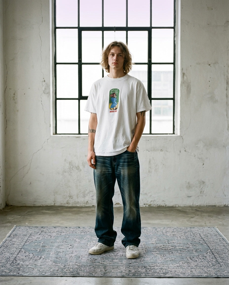 Model wearing Hook-Ups School Sucks T-shirt XL